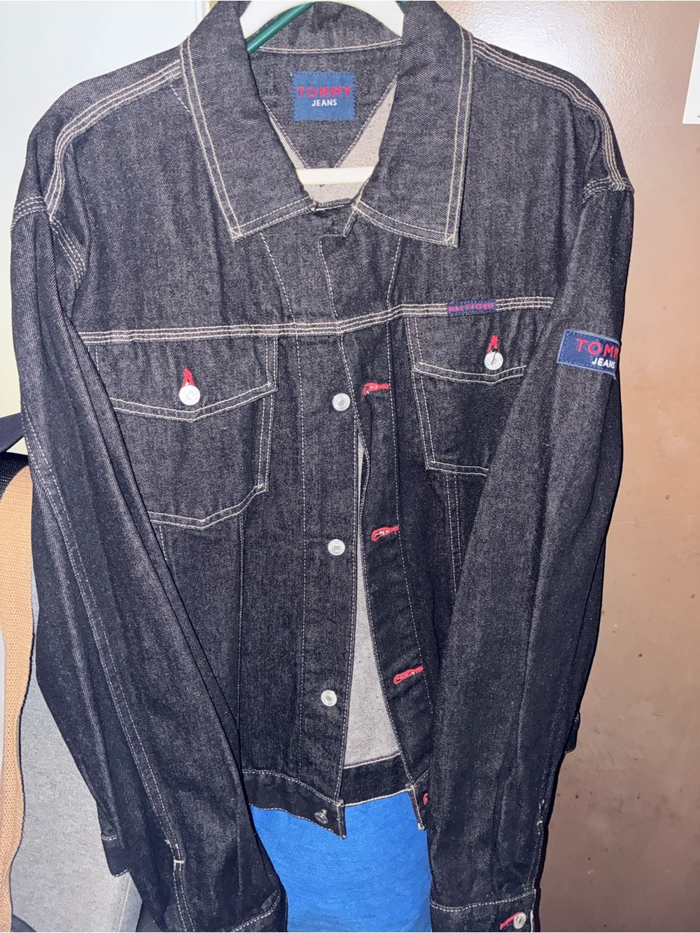 Tommy Hilfiger Black Denim Shirt Jacket with Red Accents